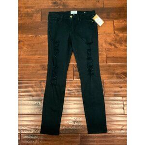 FRAME Dark Green Distressed Denim "Le Skinny de Jeanne" Jeans, Size 30
